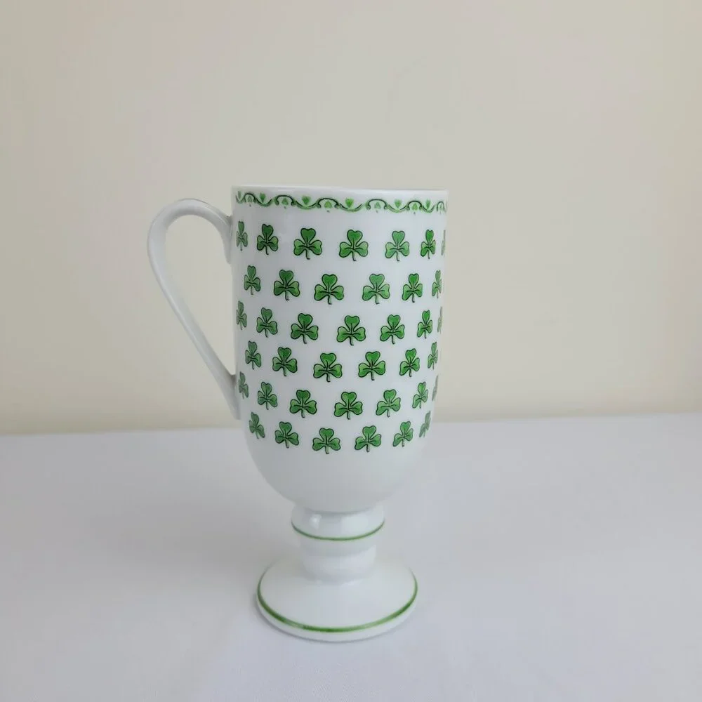 Vintage Irish Coffee Mug Footed Pedestal Green lucky Clover Shamrock 1345, Japan